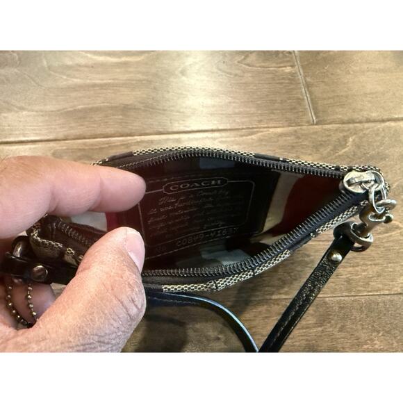 Coach Legacy Logo Signature Leather Stripe Black Canvas Wristlet - Picture 4 of 8